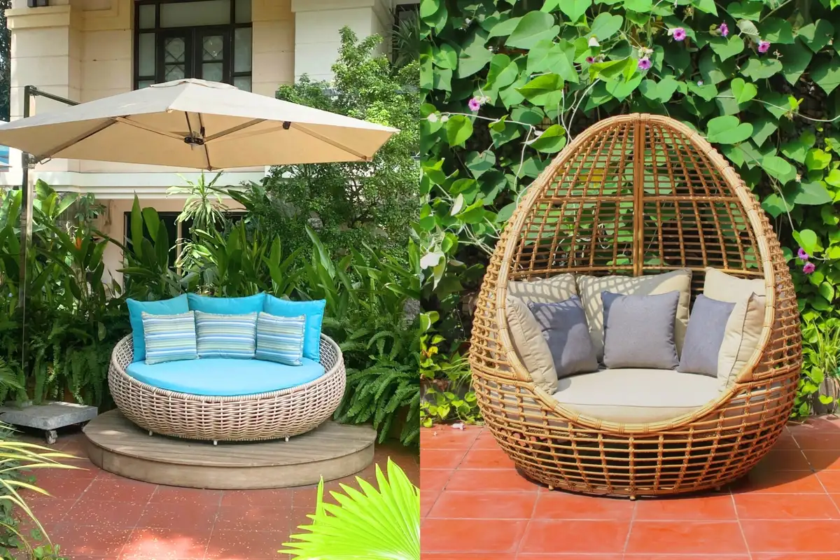 Outdoor daybeds with bold cushions nestled in natural garden surroundings.  