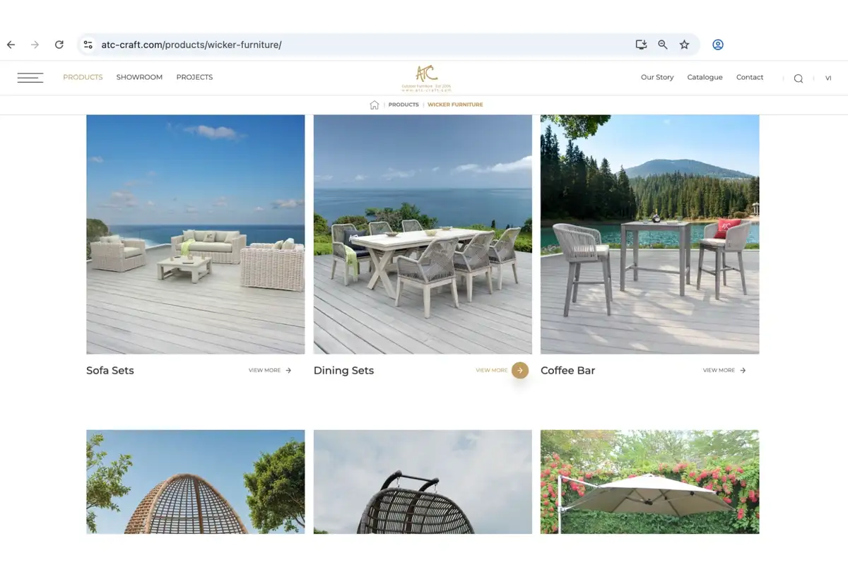 ATC Furniture product categories including sofa sets, dining sets, coffee bars, swing chairs, and umbrellas displayed on a website interface.  