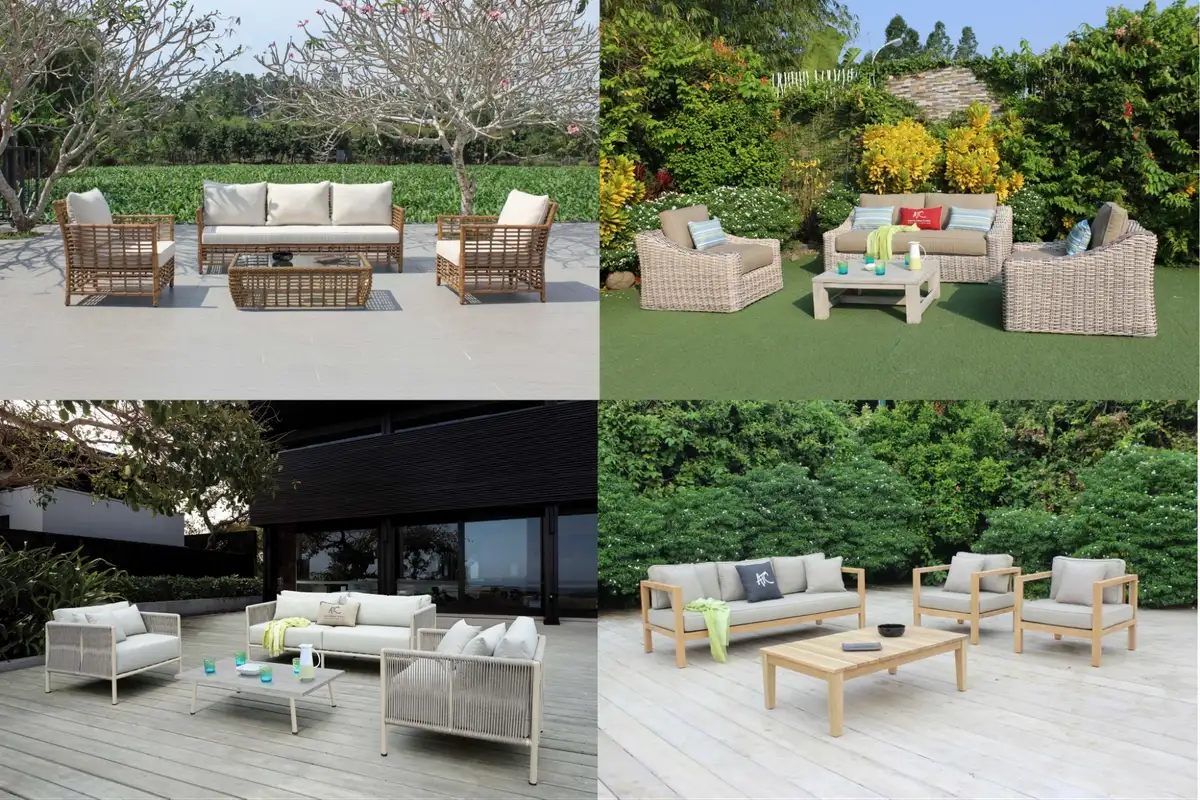  Outdoor rattan sofa set with cream cushions placed under leafless frangipani trees.  
