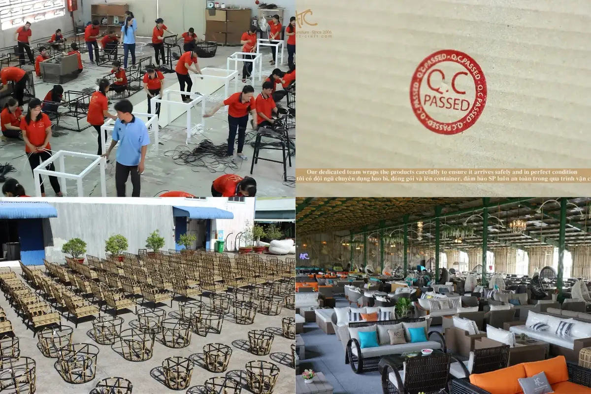 ATC Furniture production workers assembling frames, outdoor factory yard with chair bases, QC stamp, and indoor showroom.  