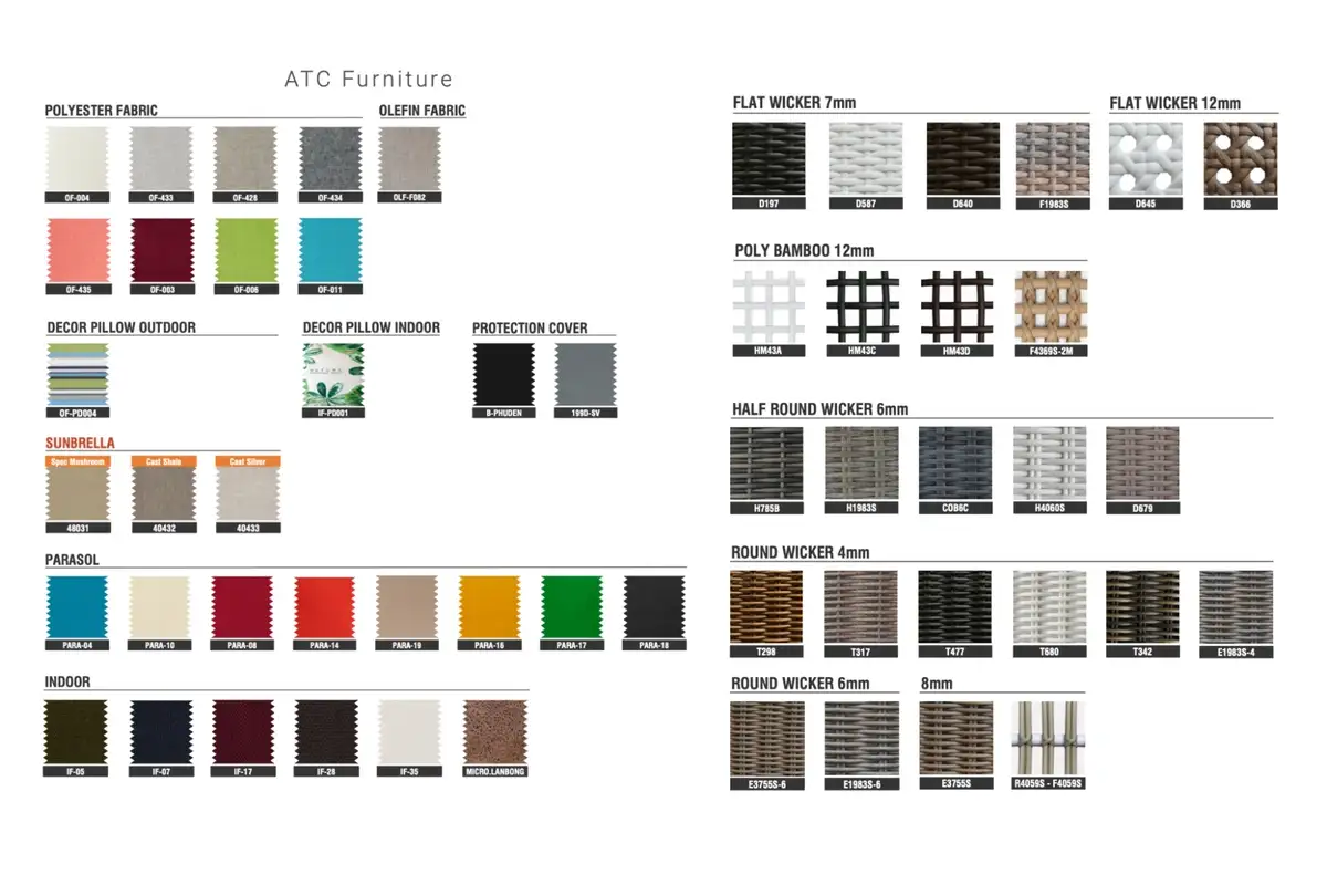 Material swatches showing fabric, wicker, and cushion options for outdoor furniture customization.  