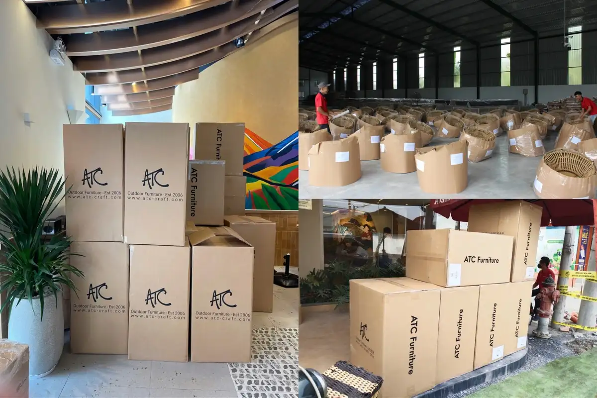 Stacked ATC Furniture cartons prepared for shipment in showroom and warehouse settings.  