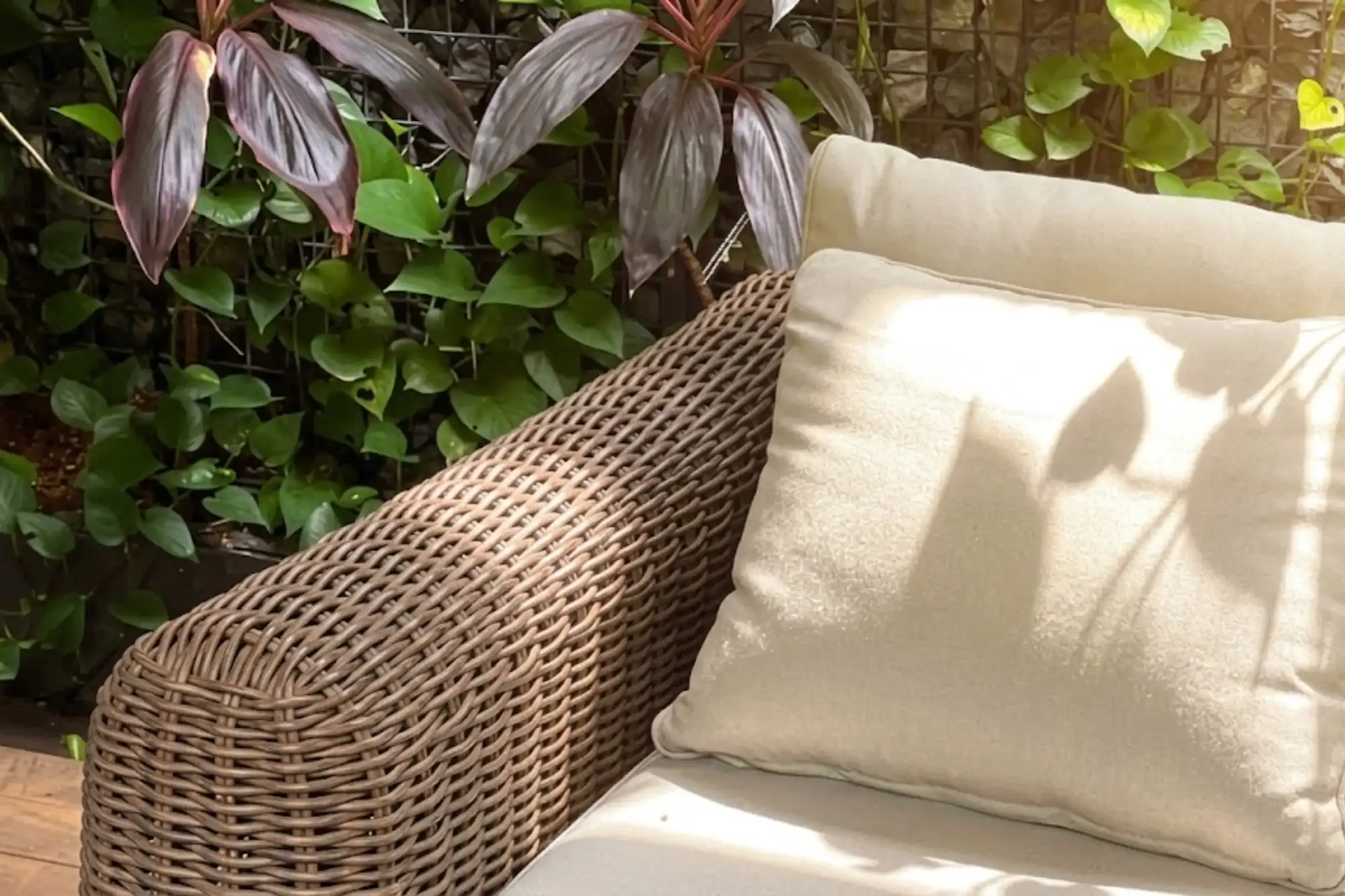 Close-up of synthetic rattan material in an outdoor setting
