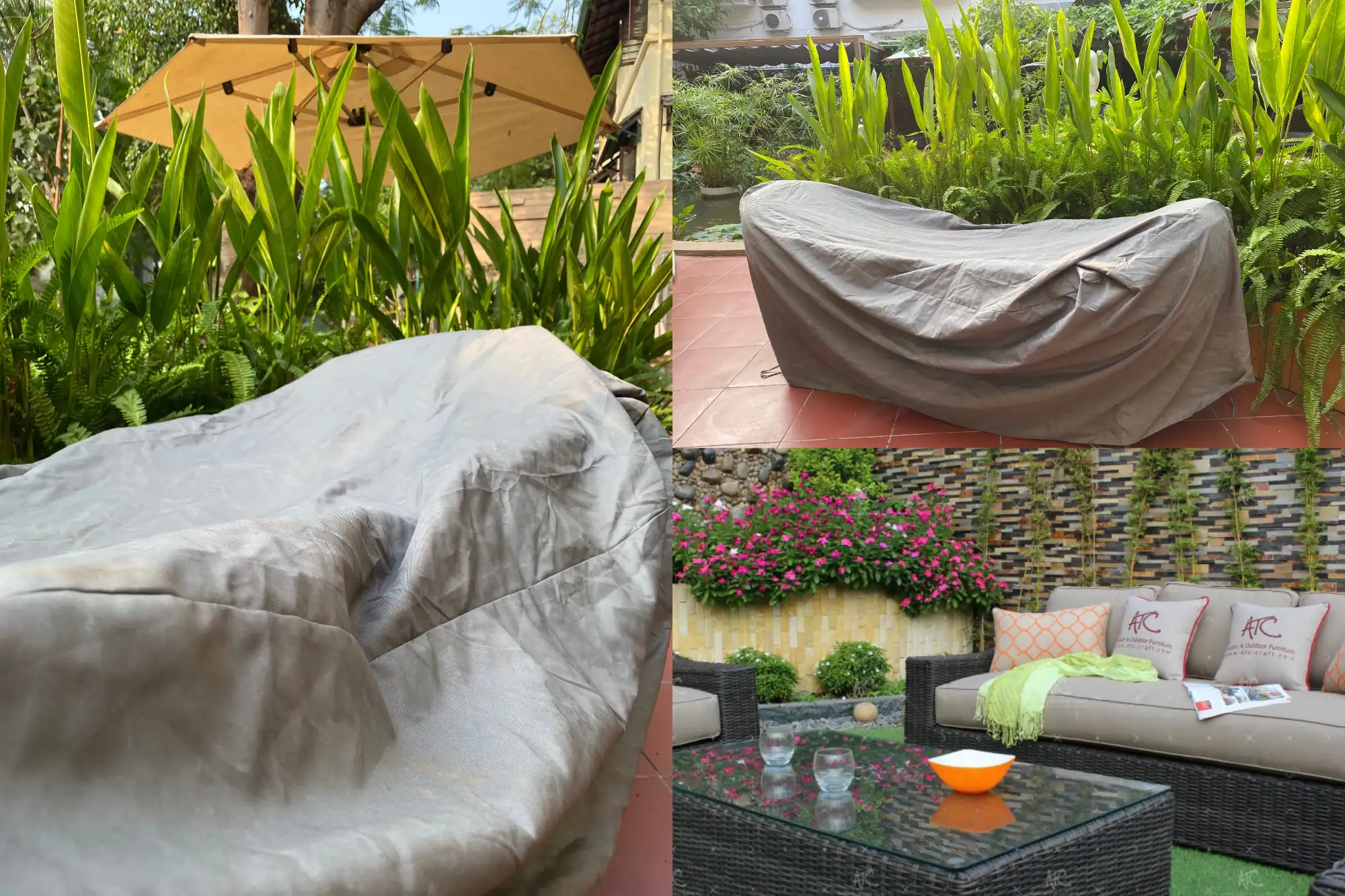 Outdoor furniture covered with a protective cover during rain