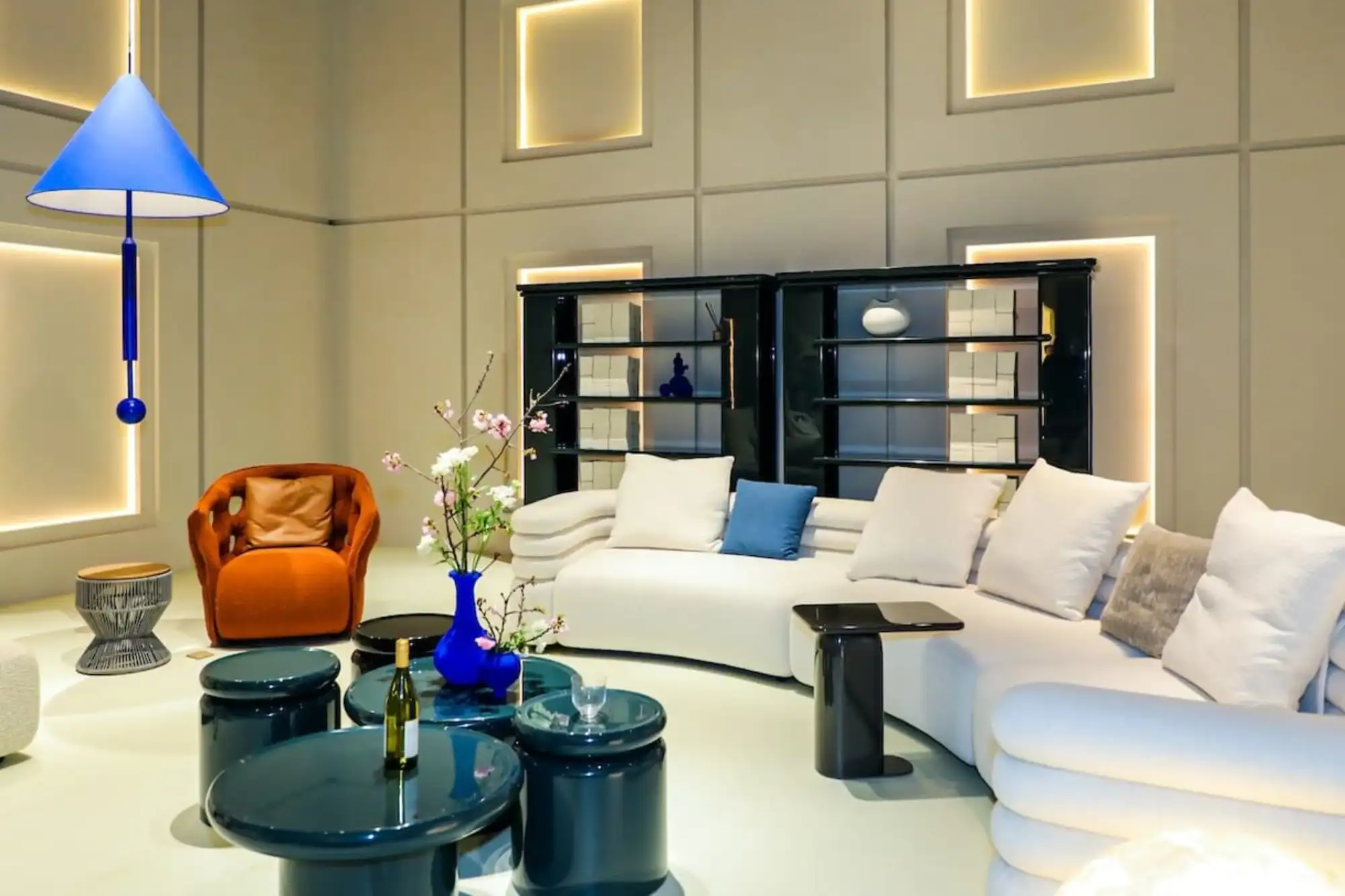 Modern living room display at China International Furniture Fair home furniture section