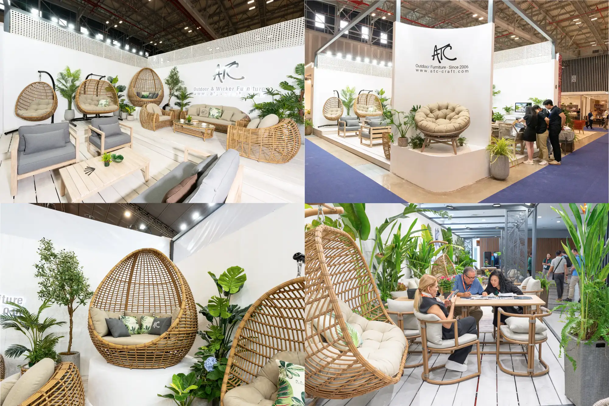 Vietnam furniture trade show booth showcasing rattan and woven furniture for export buyers