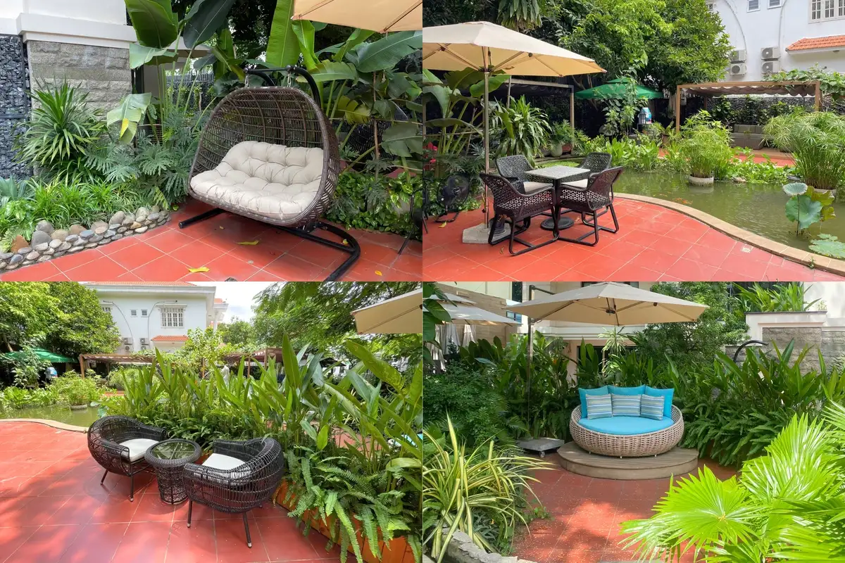 Ảnh ghép các khu vực sân vườn ngoài trời với đá lát nền, gạch sân và bàn ghế được phối hợp hài hòa