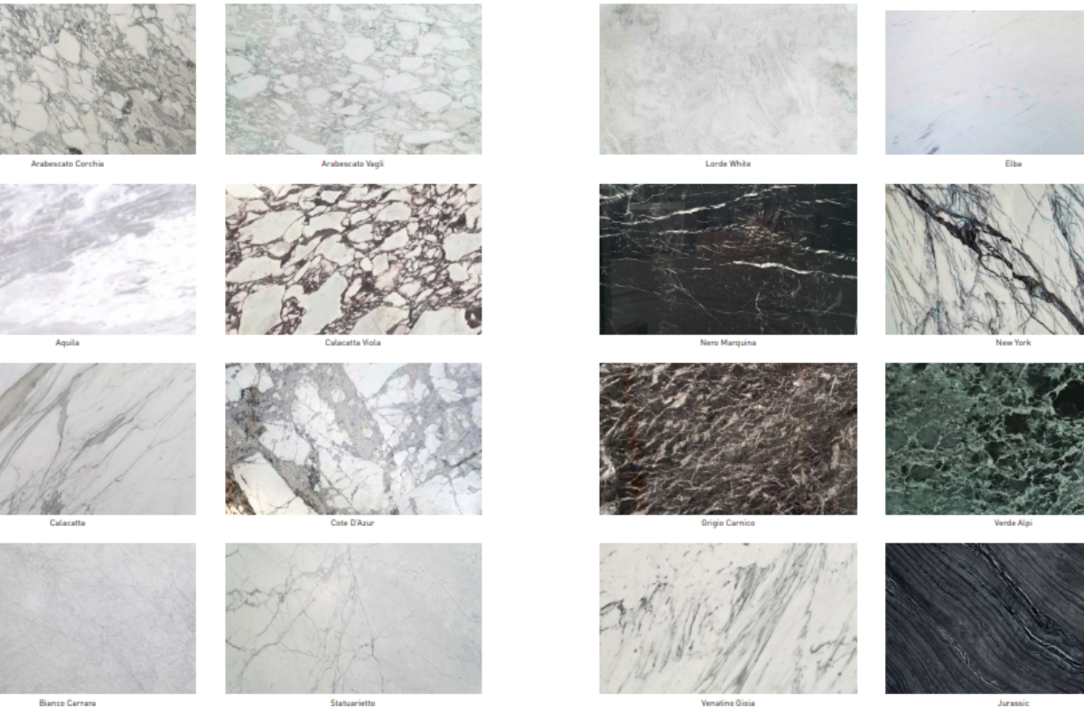 Bộ sưu tập mẫu đá marble với nhiều gam màu và đường vân tự nhiên khác nhau