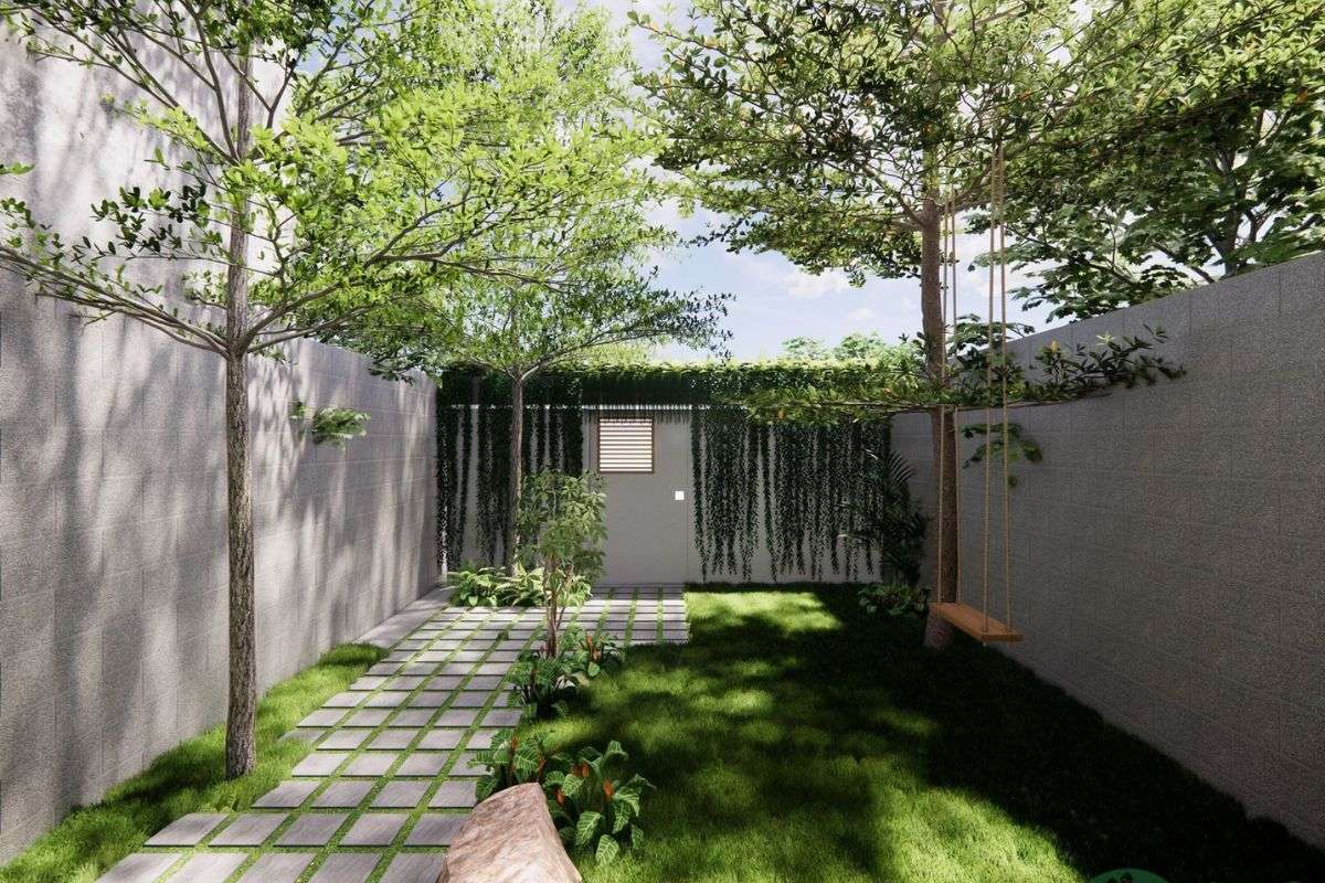 Narrow backyard garden with green lawn, stepping stone path, tall trees, hanging plants, and a wooden swing