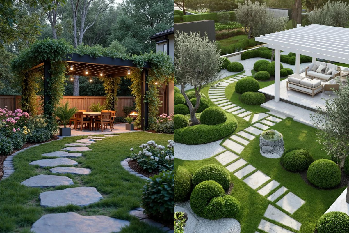 Two garden pathway designs with green lawns, stone stepping paths, pergolas, trimmed shrubs, and outdoor seating areas