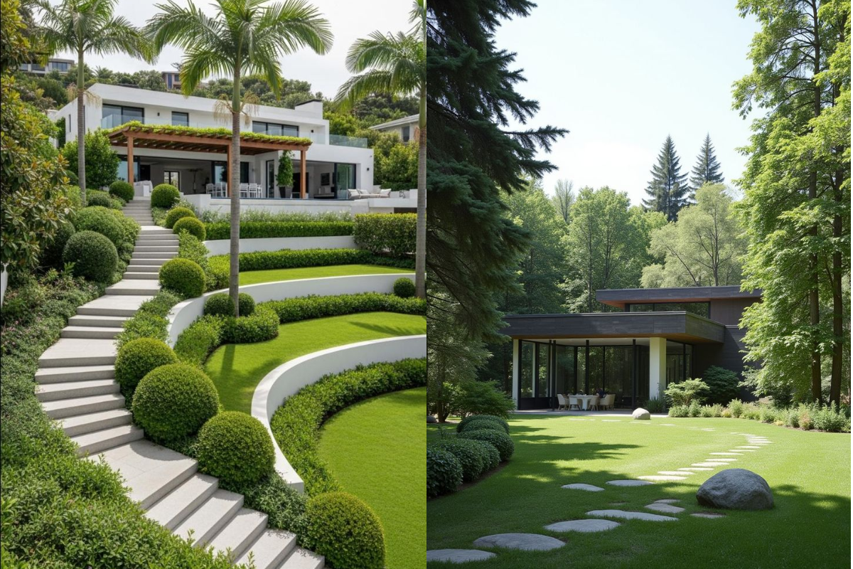 Two sloped garden designs with terraced lawns, stone steps, curved pathways, trimmed shrubs, and modern villas