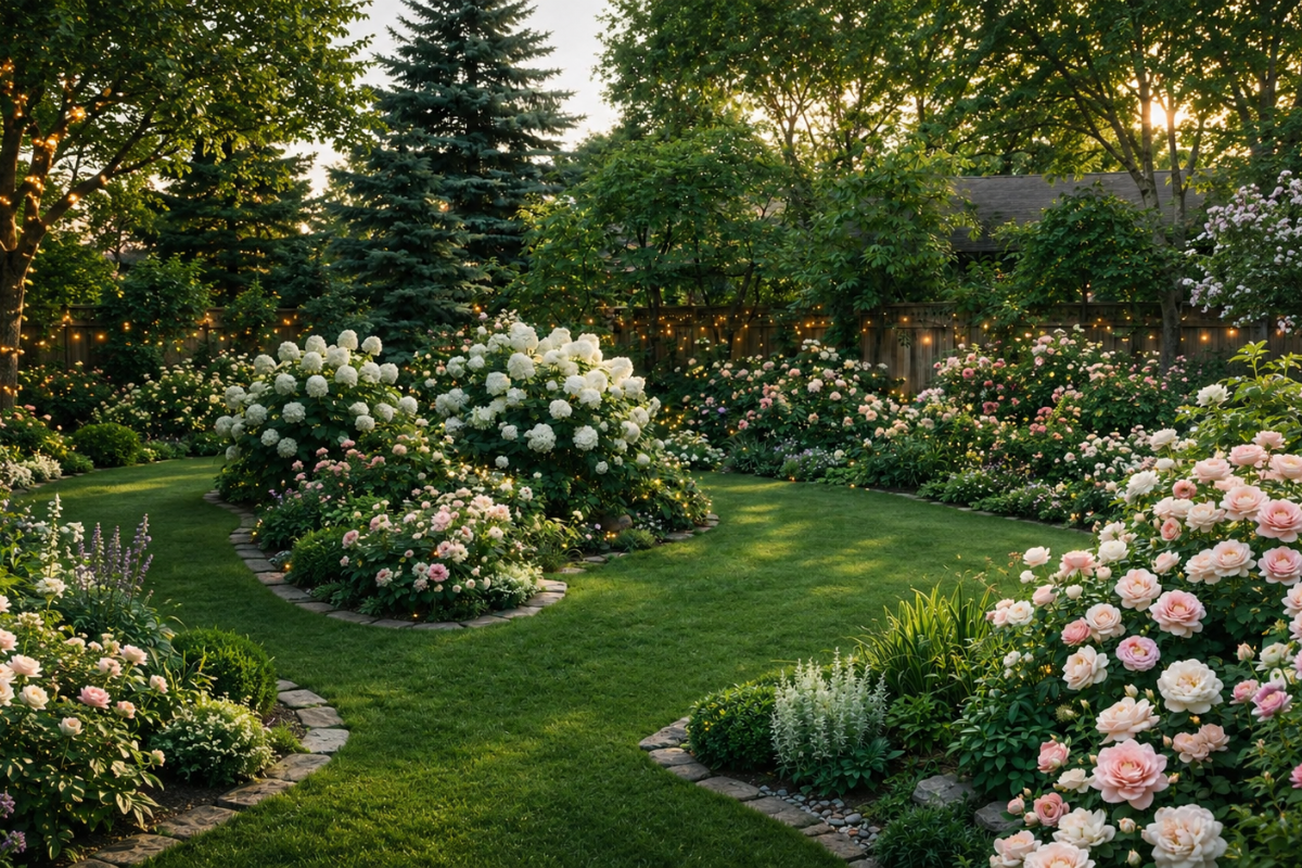 Flower garden with green lawn, blooming rose bushes, hydrangeas, curved stone borders, and warm outdoor lights