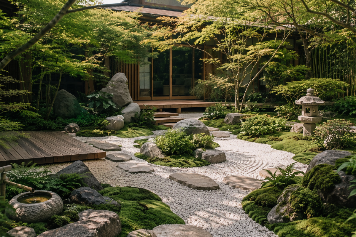 Japanese Zen garden with white gravel, moss-covered rocks, stone pathway, bamboo, maple trees, and a traditional stone lantern