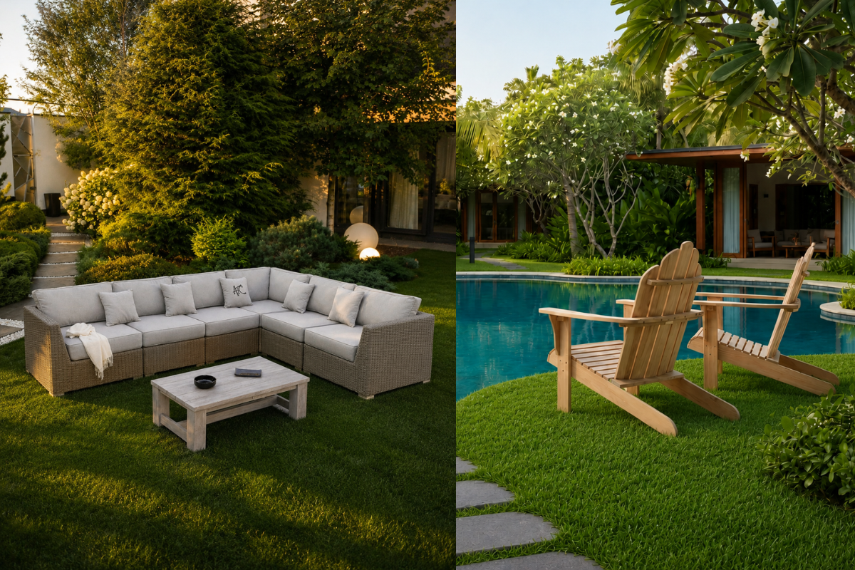 Garden lawn hill with outdoor sofa set, wooden lounge chairs, swimming pool, and lush tropical greenery