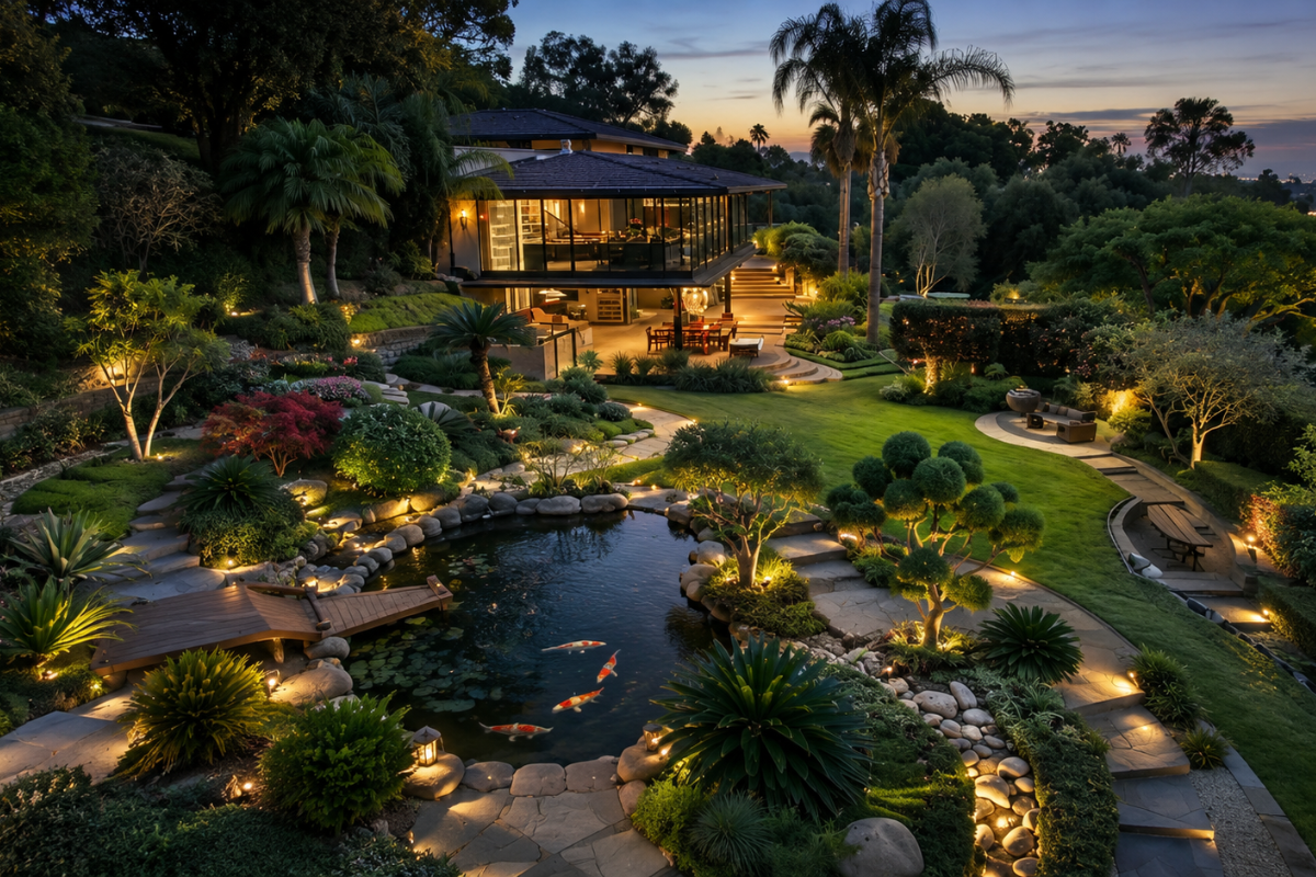 Luxury hillside garden with a koi pond, curved stone paths, layered lawns, outdoor lighting, and a modern villa at dusk