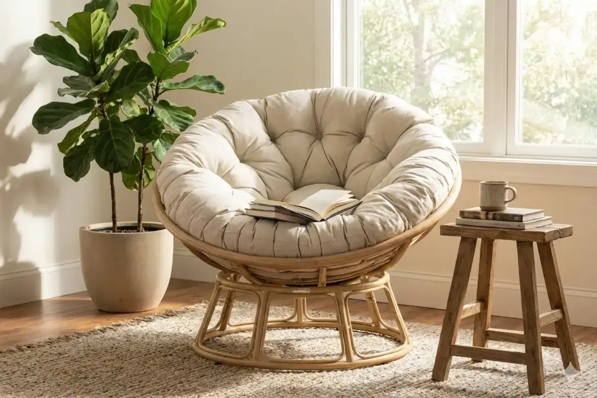 Ghế Papasan với đệm ngồi dày đặt cạnh cửa sổ, được bố trí thành góc đọc sách và thư giãn ấm cúng