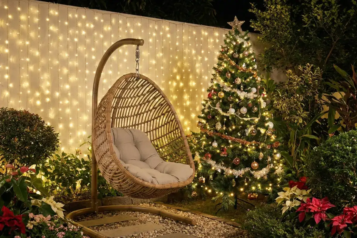 Ghế xích đu mây nhựa ngoài trời với đệm êm đặt cạnh cây thông Noel và dây đèn vàng ấm áp