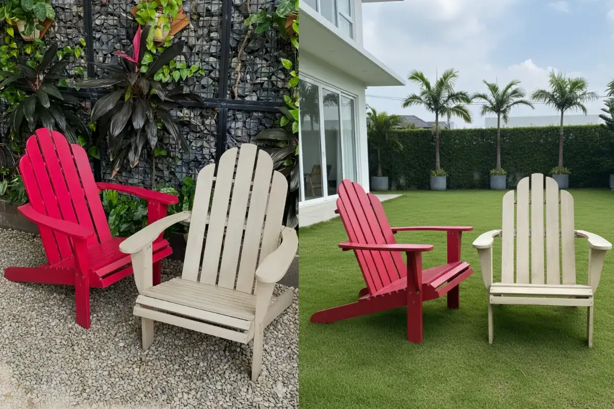 Ghế Adirondack màu đỏ và kem đặt trong không gian sân vườn ngoài trời, phù hợp cho nhu cầu thư giãn bền lâu và dễ vệ sinh