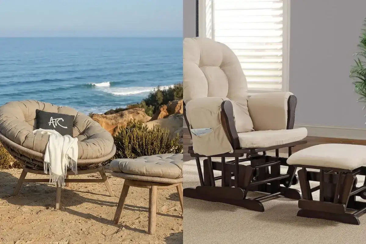 Ghế thư giãn kèm đôn gác chân, gồm một ghế Papasan ngoài trời bên bờ biển và một ghế đệm trong nhà phù hợp để đọc sách