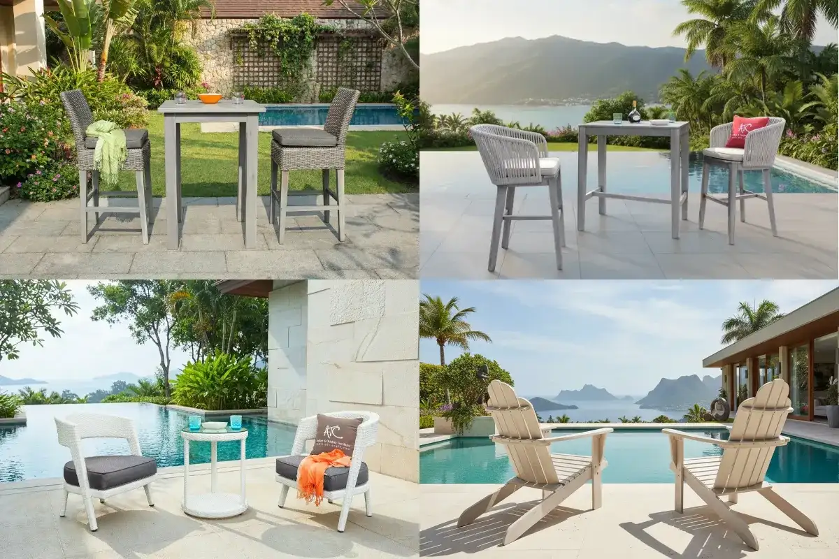 Ảnh ghép các mẫu bàn ghế cafe mây nhựa và ghế Adirondack cho nhiều không gian sân vườn và hồ bơi