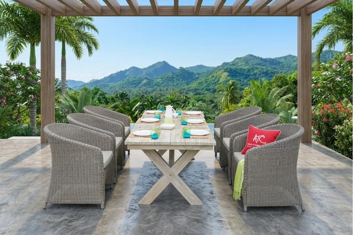 Bộ bàn ghế mây nhựa TOGA với ghế tựa tròn đặt dưới mái pergola nhìn ra núi xanh