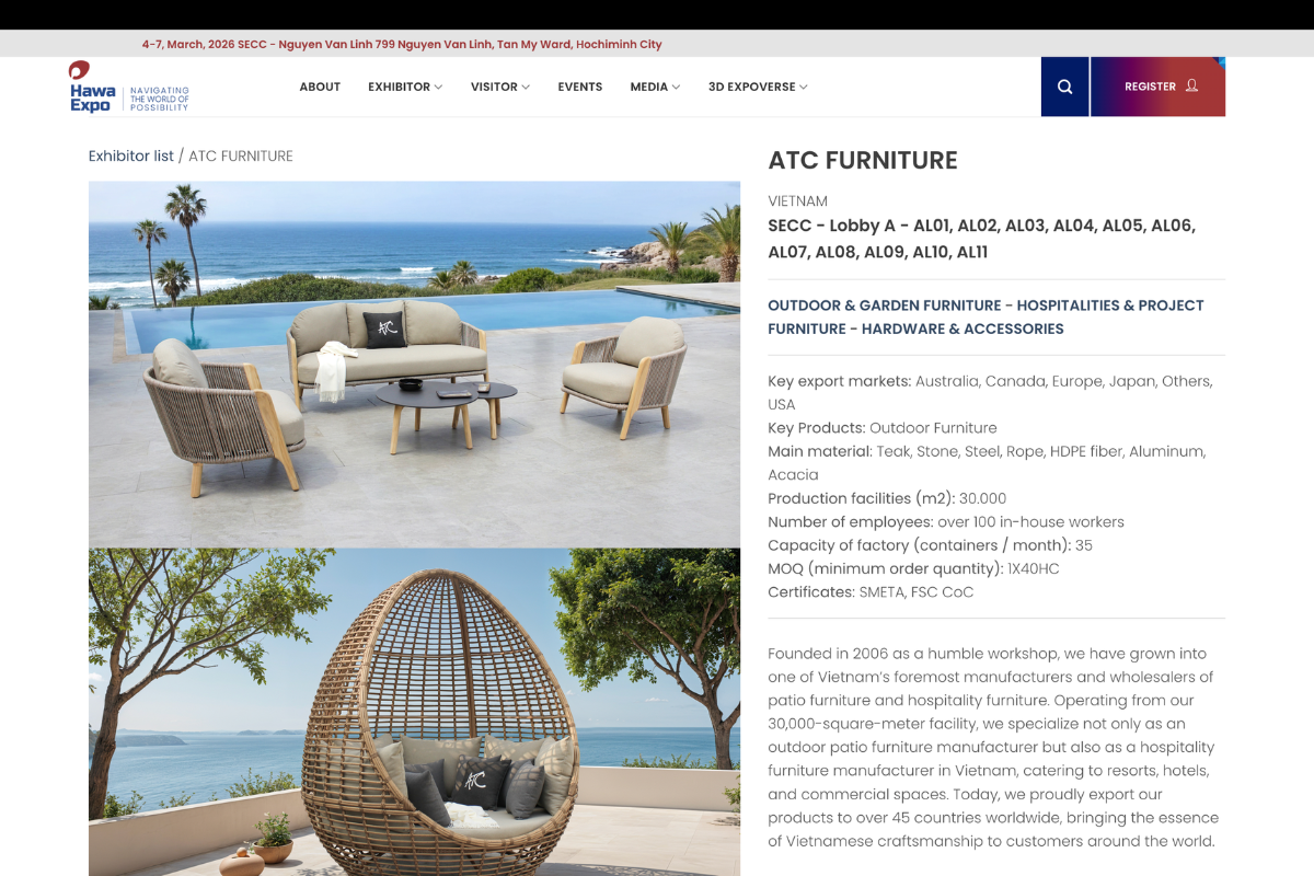 ATC Furniture exhibitor profile page on HAWA Expo 2026 website showing booth location and production details