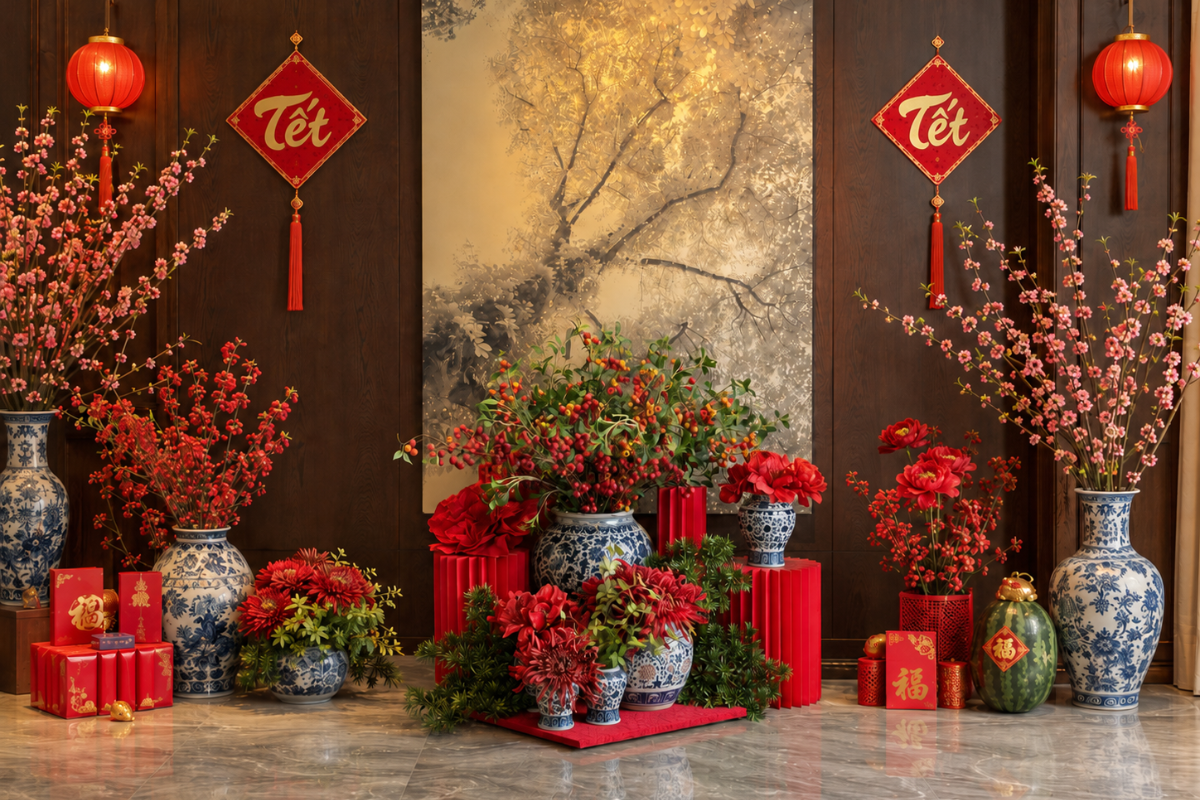 Tet floral decoration with peach blossom branches, red festive ornaments, lanterns, and blue ceramic vases in a warm traditional setting