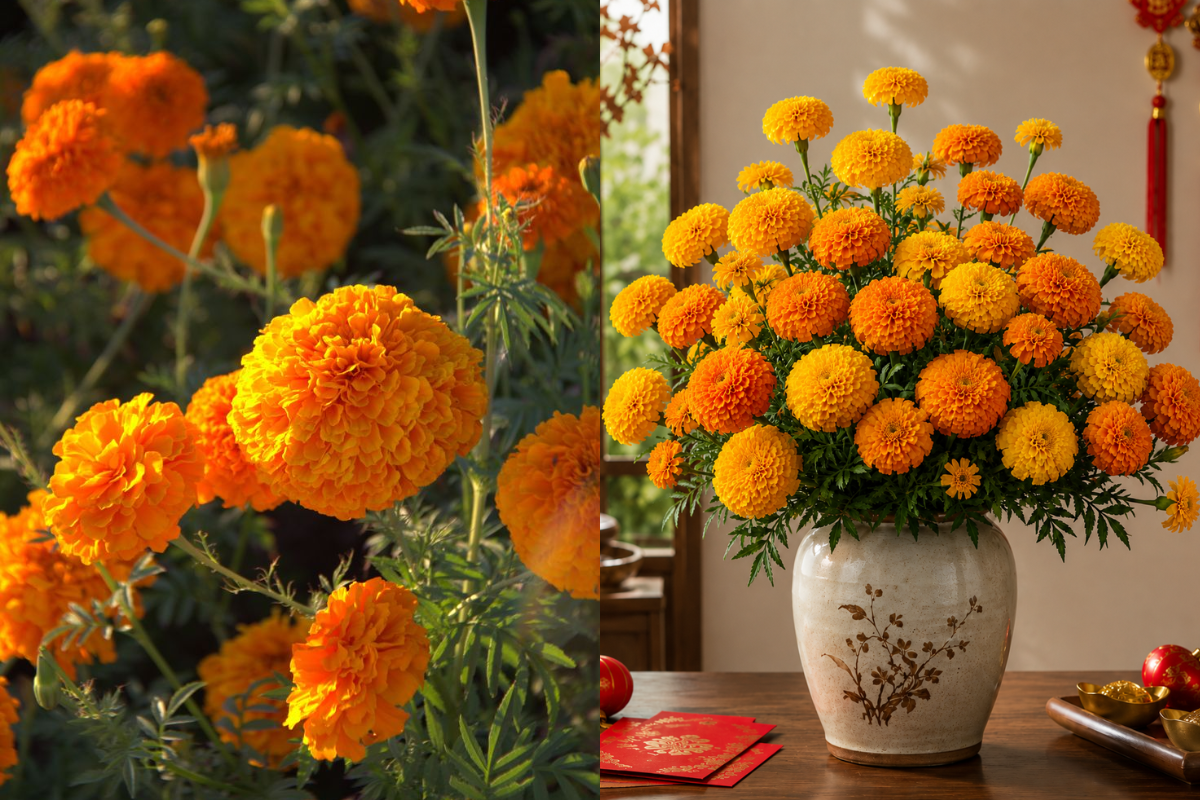 Orange and yellow marigold flowers arranged in a ceramic vase for warm and festive Tet home decoration