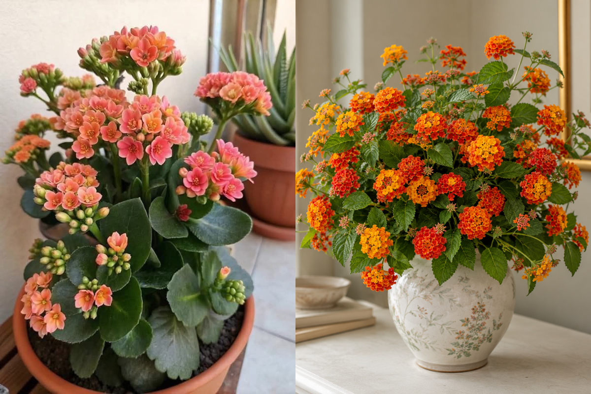 Orange and pink kalanchoe flowers in pots and ceramic vases for bright Tet home decoration