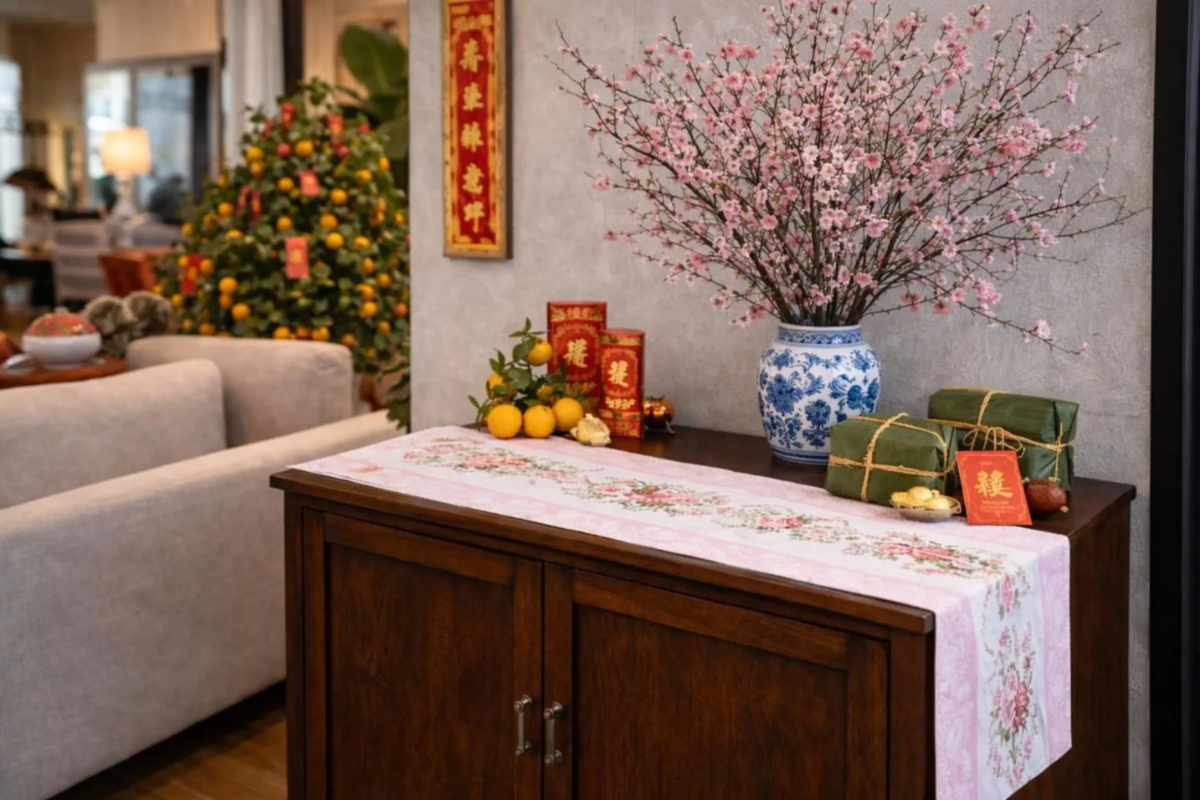 Tet home decoration with pink peach blossoms in a blue ceramic vase, kumquat tree, sticky rice cakes, and red New Year ornaments