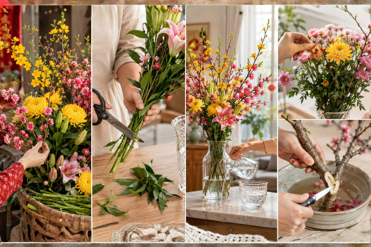 Step-by-step Tet flower arrangement with yellow blossoms, pink flowers, lilies, chrysanthemums, and branch preparation