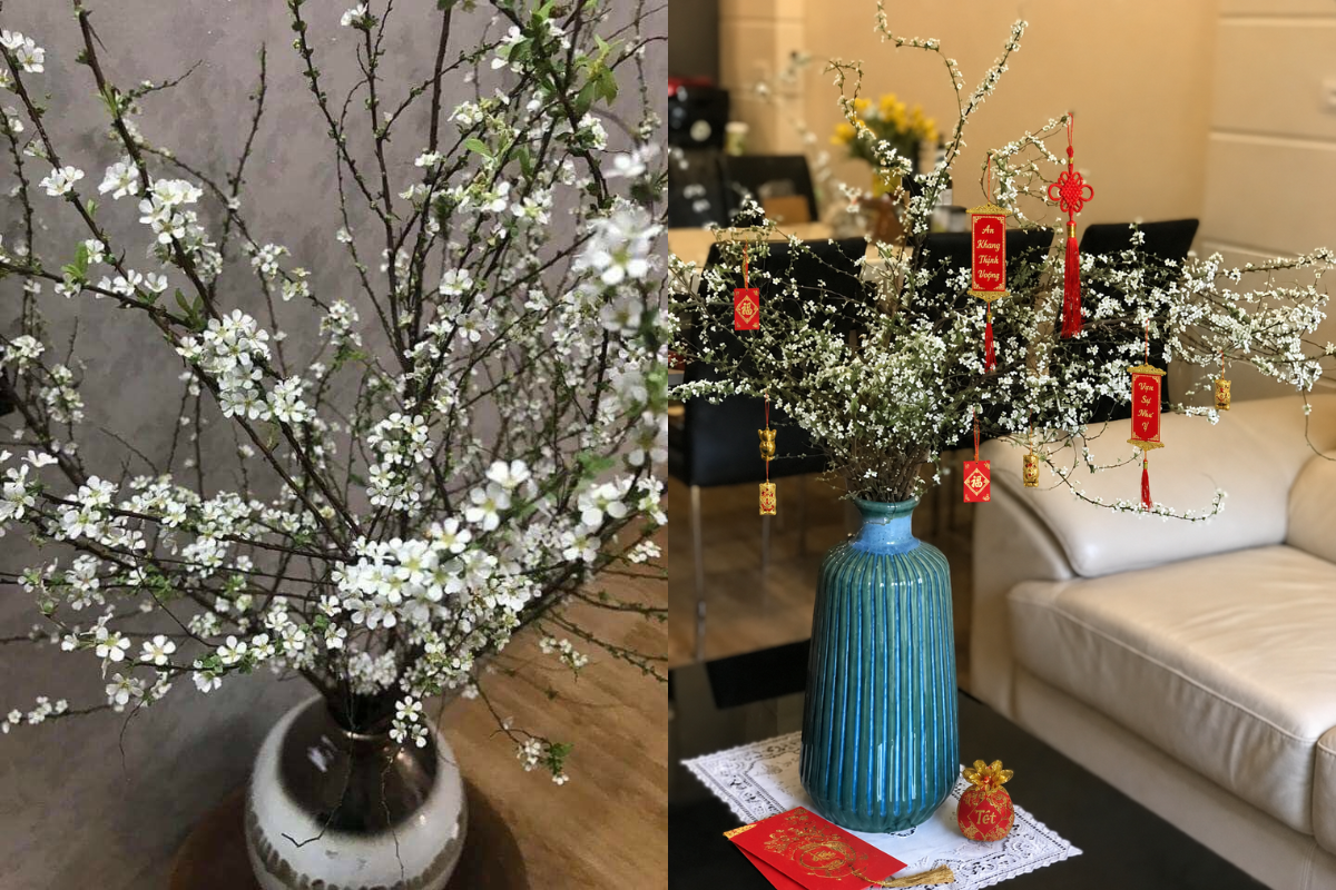 White plum blossom branches arranged in ceramic vases with red Tet ornaments for a bright Lunar New Year home setting