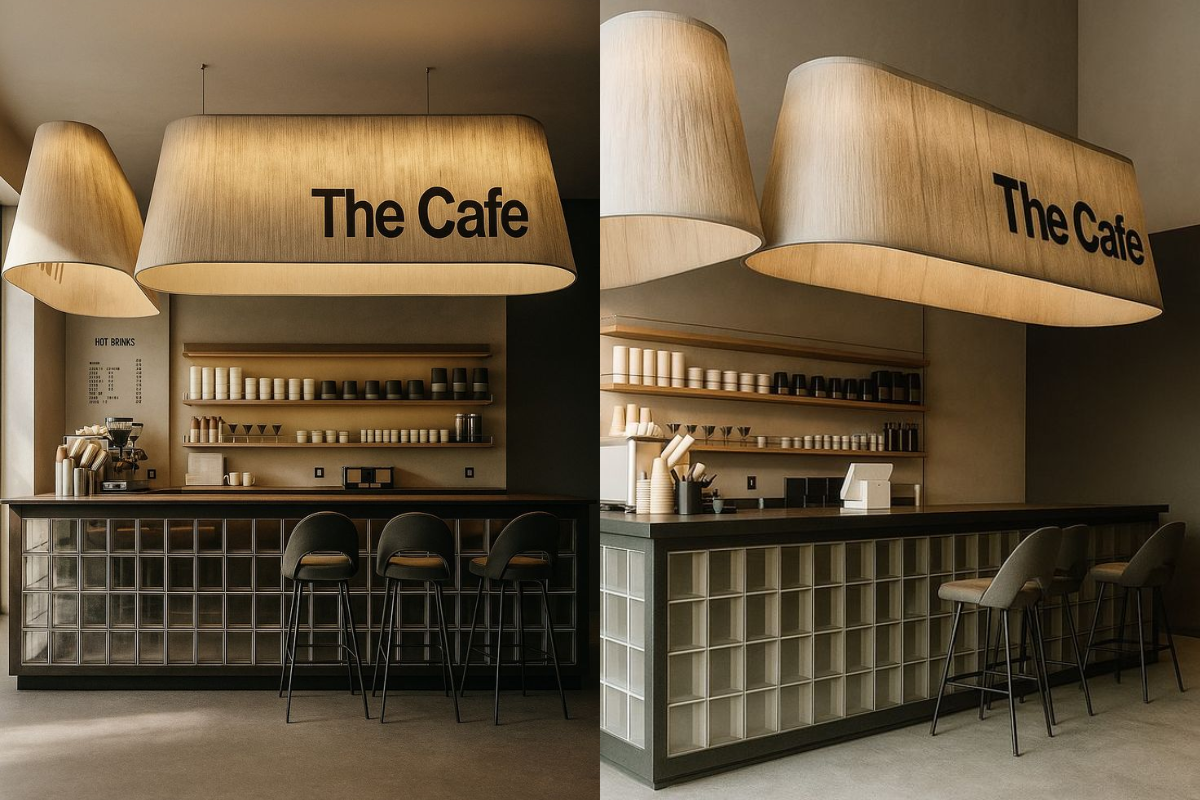 Quầy bar quán cafe hiện đại với ghế cao, ánh sáng ấm và thiết kế tối giản