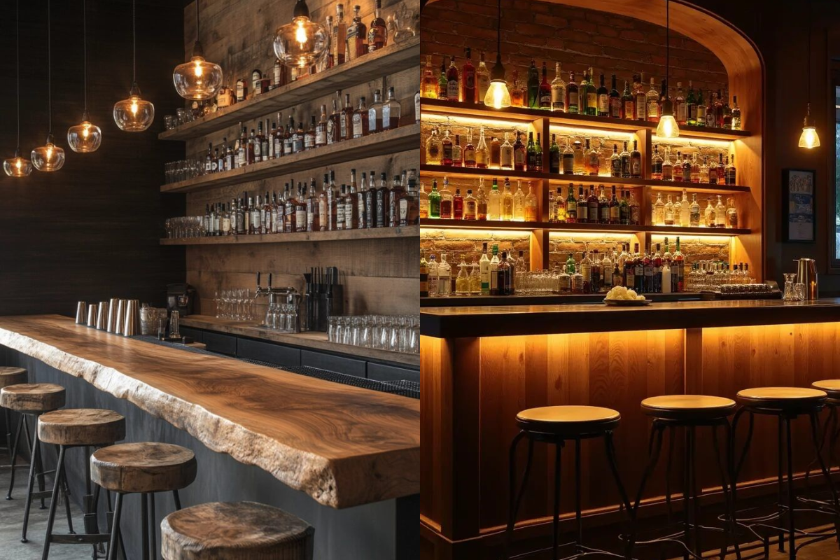 Quầy bar gỗ cao cấp với ghế cao, ánh sáng ấm và kệ trưng bày rượu