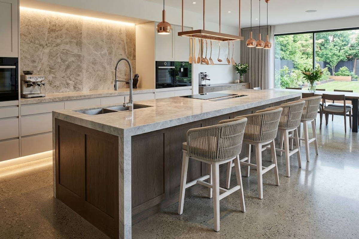 Khu bếp hiện đại với đảo bếp kiêm quầy bar, ghế quầy đan sợi, mặt đá và đèn thả ánh sáng ấm