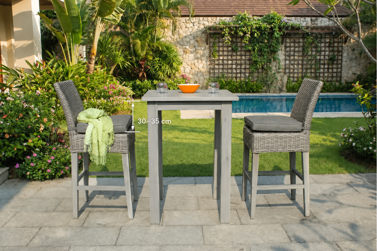 Bàn bar ngoài trời và ghế bar đan sợi minh họa khoảng cách 30 đến 35 cm để tối ưu tư thế ngồi