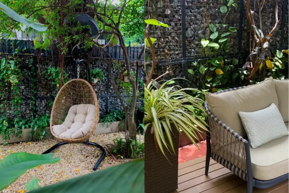 Hàng rào sân vườn vật liệu tổng hợp kết hợp đá, kim loại, cây xanh và khu vực ngồi ngoài trời