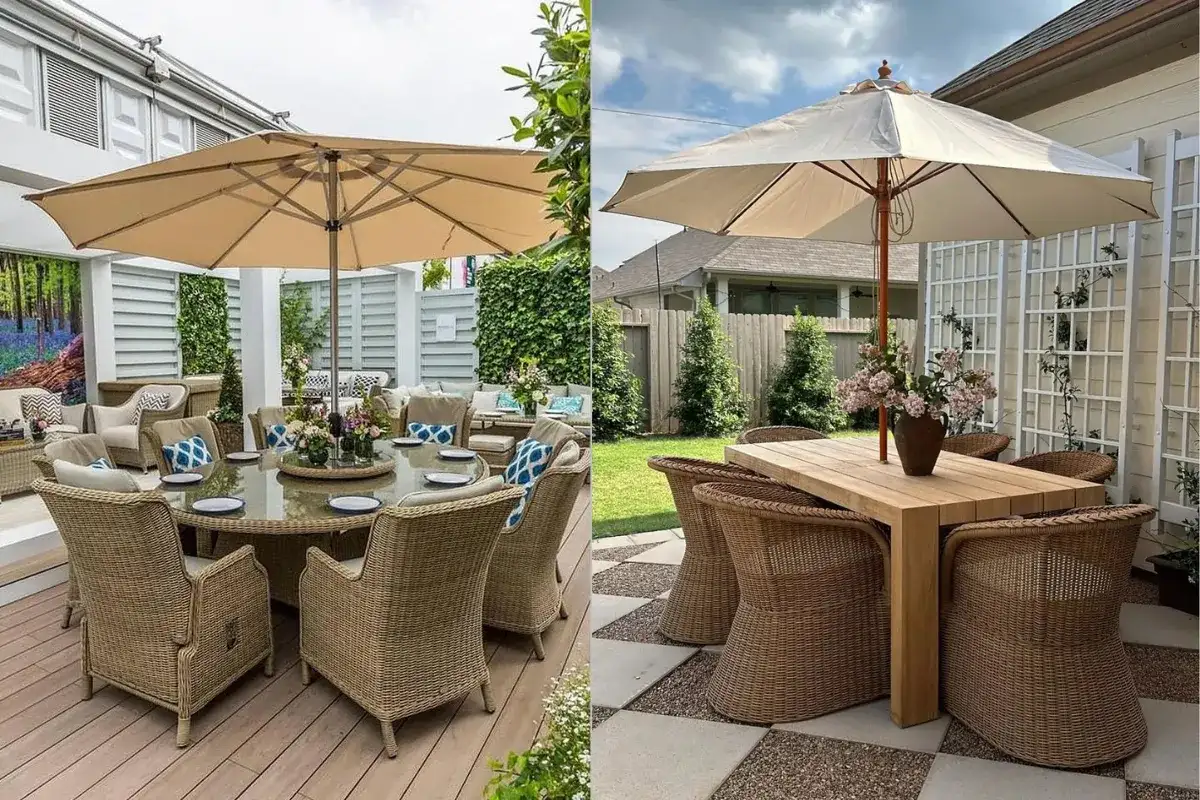 Bộ bàn ghế ăn ngoài trời dành cho sân vườn bằng mây nhựa kết hợp với dù che ngoài trời