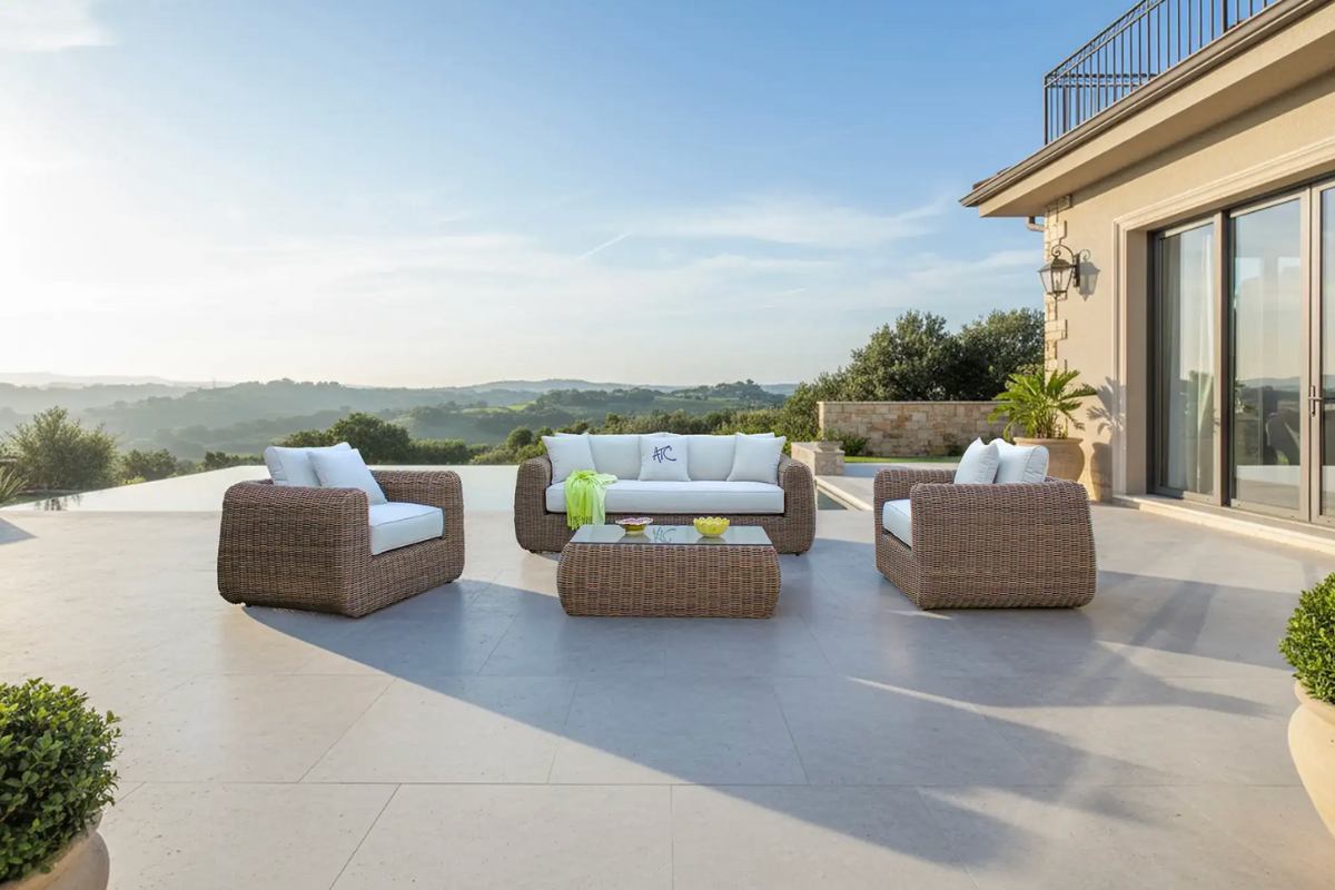 Bộ sofa CAPRI-A với kiểu đan wicker tròn và form bo mềm mại, kết hợp nệm dày 15cm và bàn kính cường lực, tạo điểm nhấn sang trọng cho sân hiên ngoài trời.