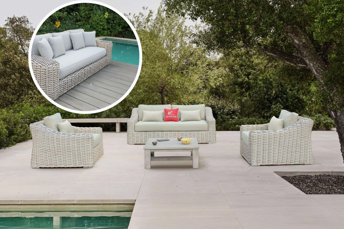 Bộ sofa mây nhựa ngoài trời với nệm Sunbrella hoặc Olefin chống UV 1.500–5.000 giờ, foam khô nhanh trong 30 phút và khung nhôm sơn tĩnh điện chống gỉ phù hợp cả khu vực gần hồ bơi và ven biển.
