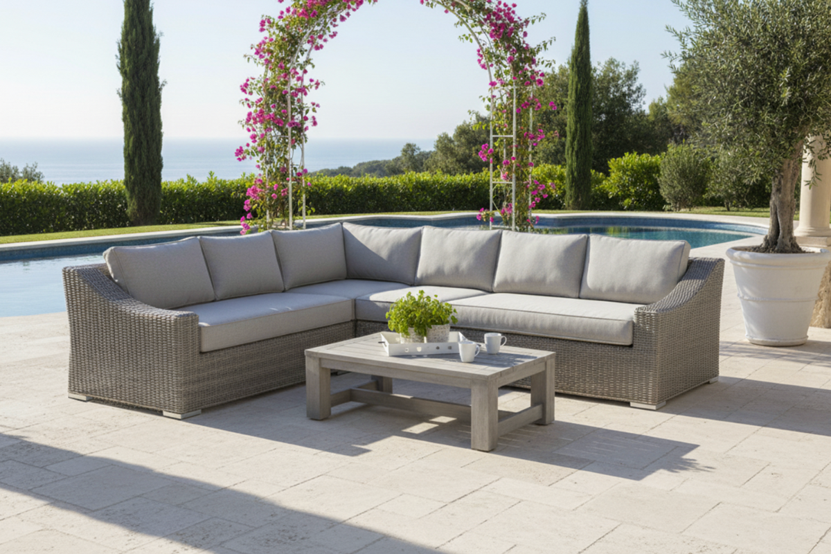 Bộ sofa góc ngoài trời đặt cạnh hồ bơi, kết hợp bàn trà thấp và không gian mở nhiều cây xanh, tạo khu vực trò chuyện thoáng đãng và thư giãn.