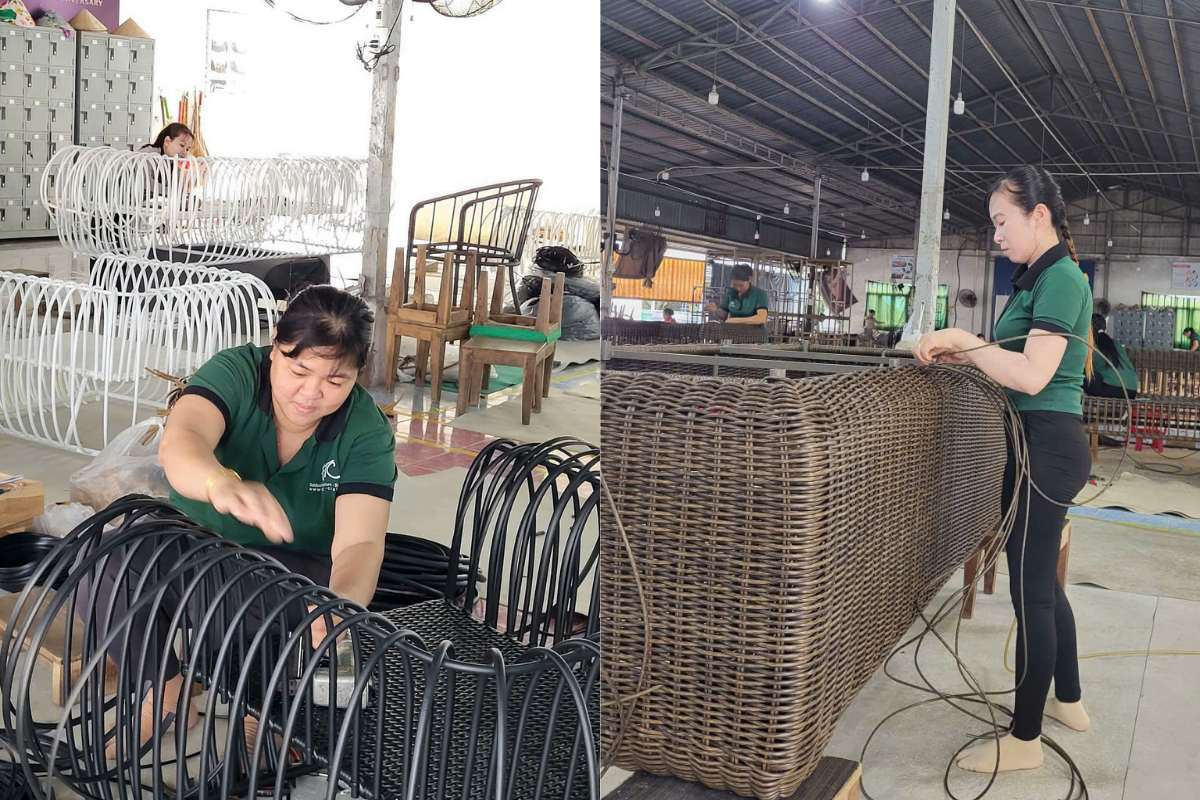 Quy trình đan thủ công sofa mây nhựa tại xưởng, với khung nhôm hàn liền và sợi wicker HDPE bền chắc, thể hiện độ hoàn thiện và tuổi thọ cao của sản phẩm ngoài trời.