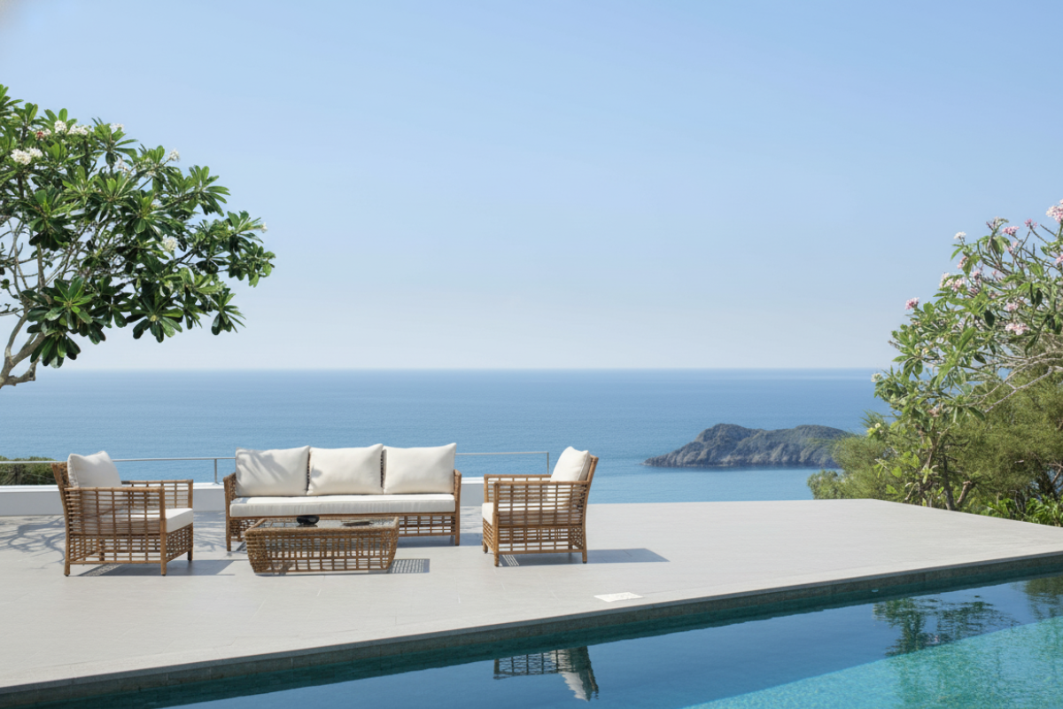Bộ sofa mây nhựa đặt cạnh hồ bơi với tầm nhìn hướng biển, sử dụng chân ghế cao và nệm khô nhanh để phù hợp môi trường ẩm, tạo không gian thư giãn an toàn và thoáng đãng.
