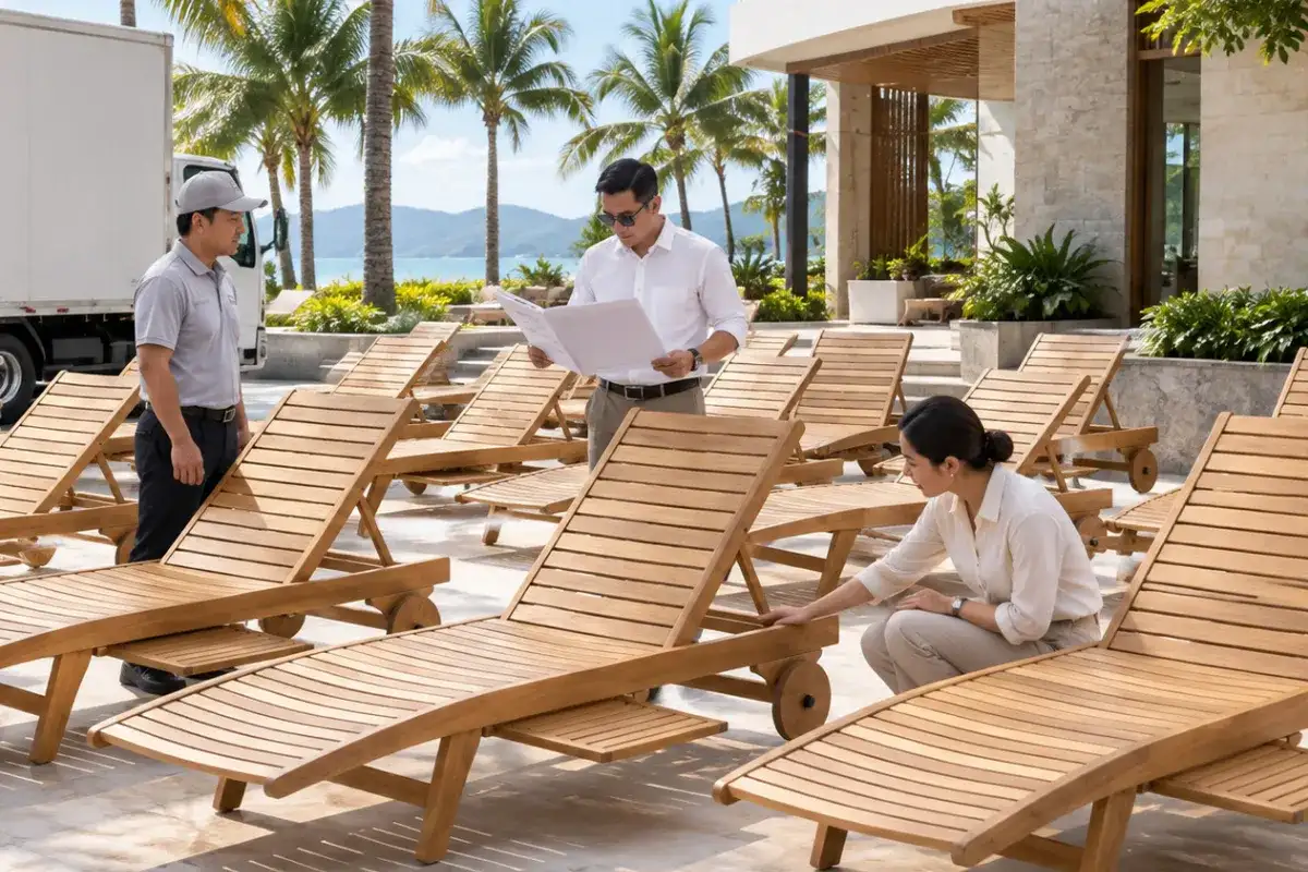 Teak sun loungers for a premium hotel and resort poolside area