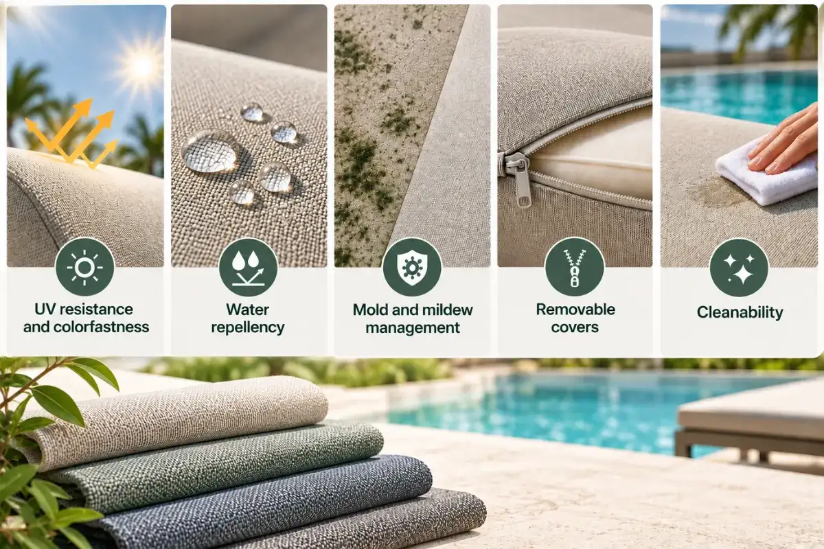 Outdoor cushion fabric designed for sun, moisture and regular poolside cleaning