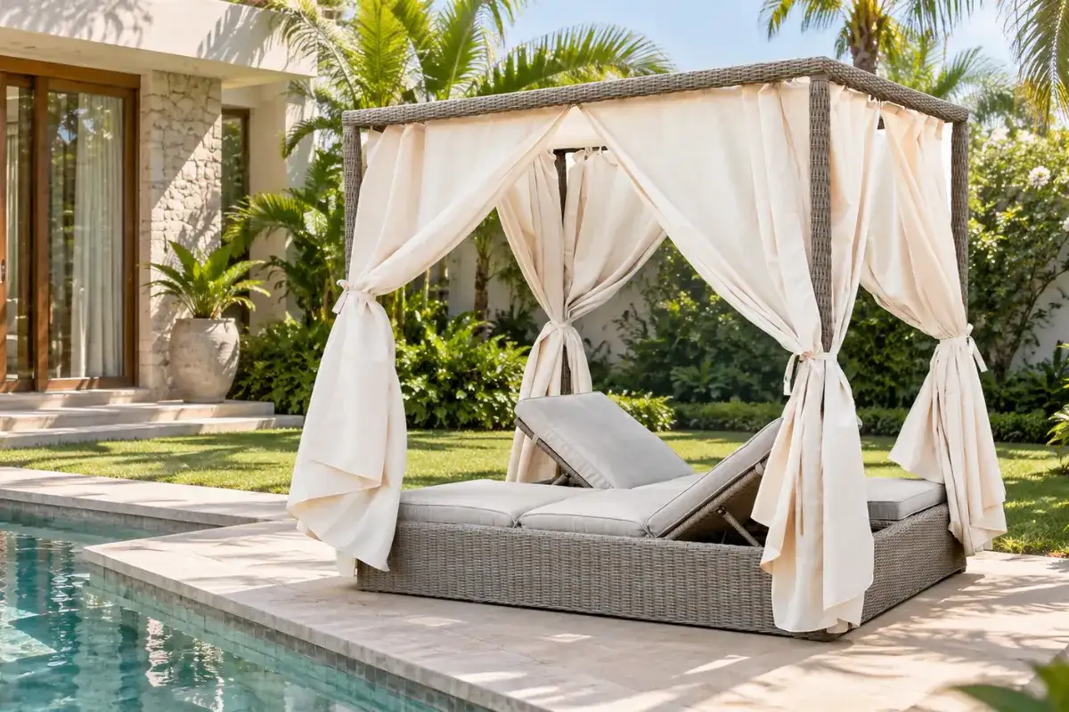 Luxury hotel outdoor daybed with canopy and privacy curtains