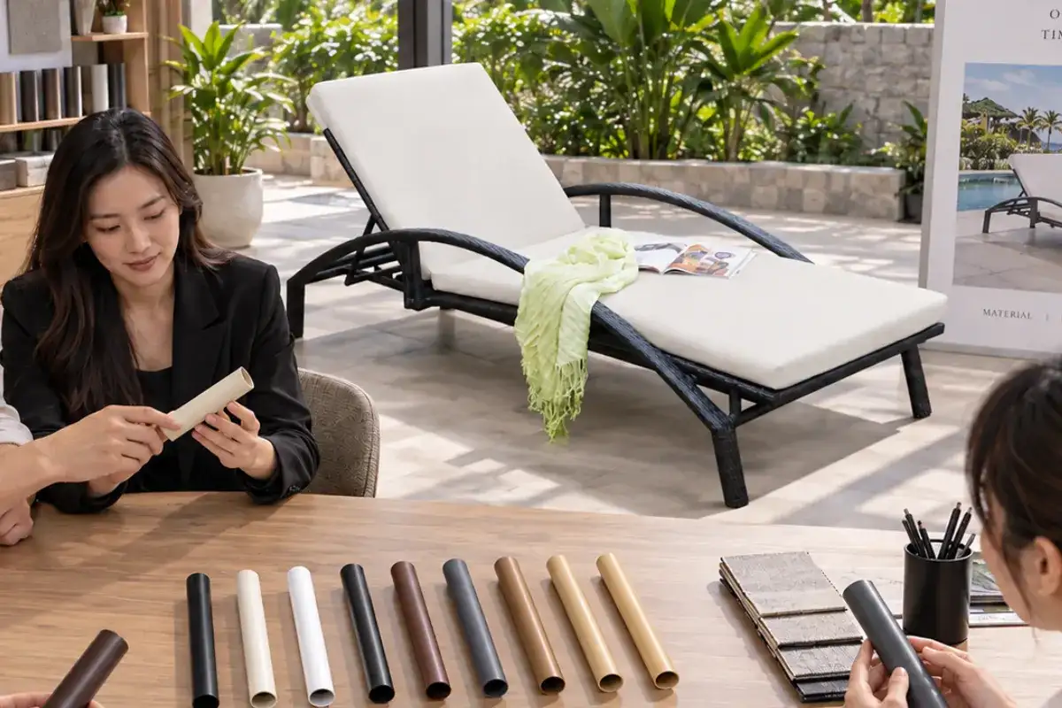 Aluminum frame finish samples being evaluated for an outdoor daybed
