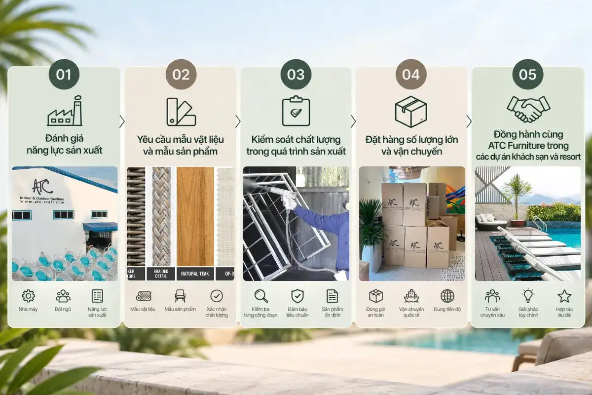 Quy trình tìm nguồn giường tắm nắng cho khách sạn và resort từ đánh giá nhà máy đến sản xuất hàng loạt