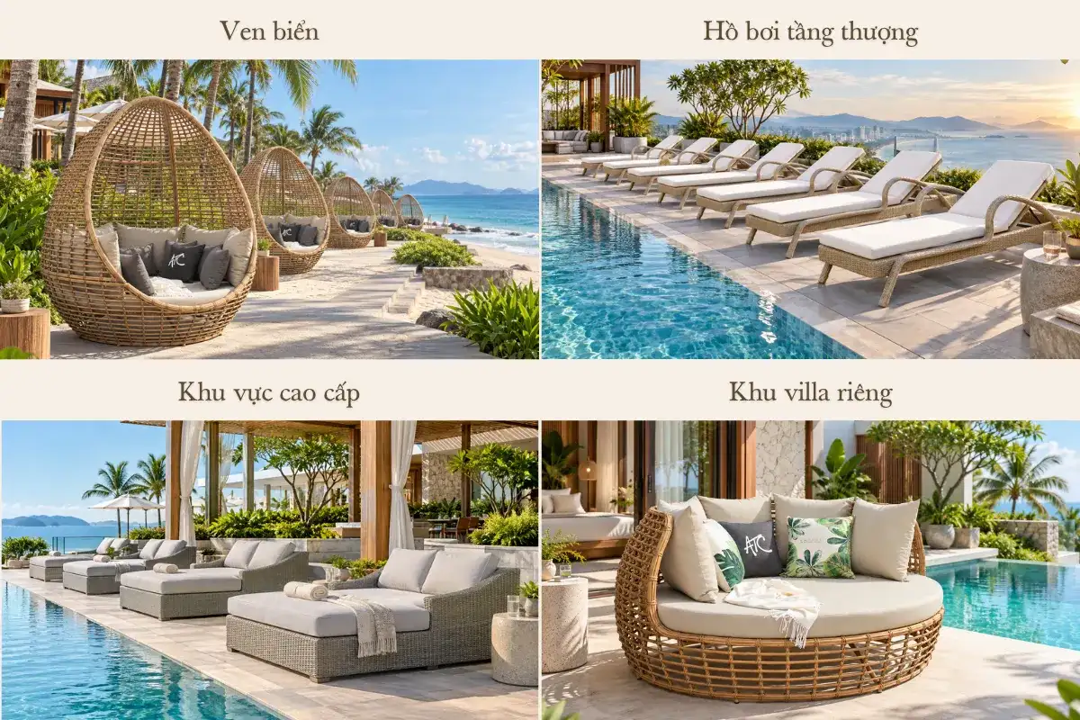 Các mẫu giường tắm nắng ngoài trời cho từng khu vực hồ bơi khách sạn và resort