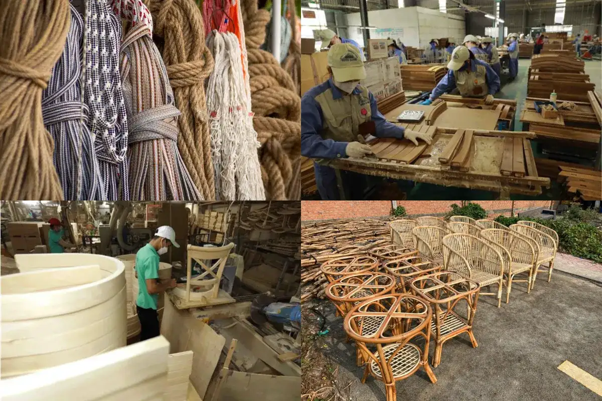 Hình ảnh tổng hợp dây thừng, xưởng gia công gỗ và ghế mây hoàn thiện tại Quy Nhơn, thể hiện năng lực OEM/ODM và sản xuất quy mô lớn.